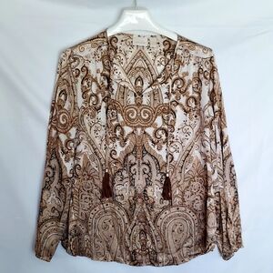 Chico's Cream and Brown Paisley Tie-Neck Blouse